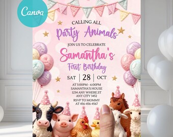 May include: A pink and white birthday invitation with the text "Calling All Party Animals" and "Samantha's First Birthday." The invitation features illustrations of farm animals wearing party hats and colorful balloons. The date is October 28th.