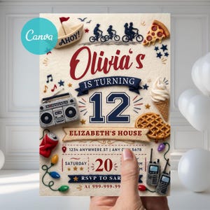 May include: A birthday invitation card featuring the text Olivia's is turning 12 at Elizabeth's house. The design includes illustrations of a paper boat, bicycles, pizza, a boombox, an ice cream cone, a waffle, and walkie-talkies on a cream background.
