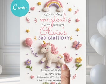 May include: A white birthday invitation card featuring a 3D-style unicorn, a rainbow, a pink balloon, a butterfly, and flowers. The text reads: JOIN US FOR A magical DAY TO CELEBRATE Olivia's 3RD BIRTHDAY, Saturday, Oct 25 at 3, OLIVIA'S HOUSE, 1234 Anywhere.ST, RSVP To Sarah At 999-9.