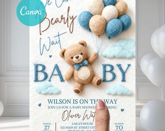 Editable BLue Bear Balloon Baby Shower Invitation, We Can Bearly Wait Baby Shower Invitation, Blue Boy Boho Bear Baby Shower Invite BBB49