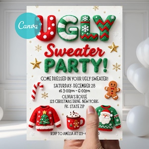 Peut inclure: Une invitation festive pour une soirée "Ugly Sweater". Le design présente les mots "UGLY Sweater PARTY!" dans un style texturé en 3D. L'invitation comprend des illustrations de canne en sucre, de bonhomme en pain d'épices et de pulls.