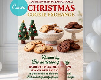 May include: A festive invitation for a Christmas Cookie Exchange. The design features an assortment of cookies, including chocolate chip and sandwich cookies, and two small Christmas trees. The text reads "Christmas Cookie Exchange".