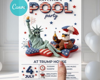 May include: A patriotic pool party invitation with the text "Join us for a Pool Party." Features illustrations of the Statue of Liberty and an eagle, both relaxing on star-shaped floats. Includes event details for July 4th.