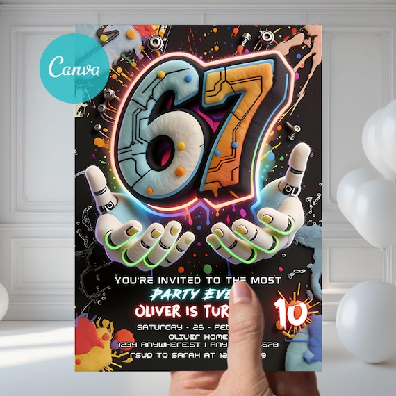 Six Seven Kids Birthday Party Invitation, 67 Viral Meme Neon Glow Party, I Was Now I’m 67 birthday invite, Video Game invite, Editable Canva