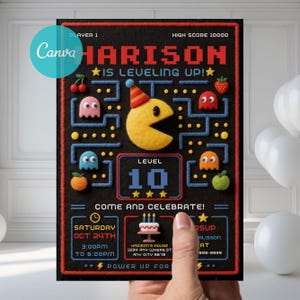 May include: A black rectangular invitation card featuring a pixelated arcade game theme. Text reads: HARISON IS LEVELING UP! LEVEL 10. COME AND CELEBRATE! SATURDAY OCT 24TH 3:00PM TO 6:00PM. HARISON'S HOUSE 1234 ANY WHERE.ST ANY CITY 5678. Includes felt-like icons.