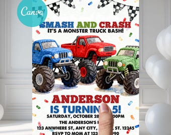 Monster Truck Invite, Trucks Birthday Invite, Monster Truck Invitation, Editable Monster Truck Birthday Invitation Template For Boys MTX1