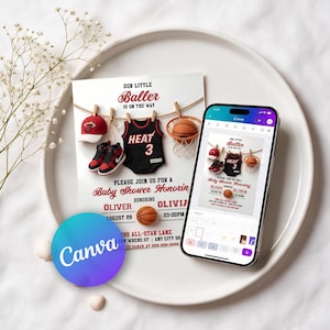 Puede incluir: Una tarjeta de invitación para baby shower con temática de baloncesto que incluye una gorra roja, zapatillas negras y rojas, una camiseta negra con el texto HEAT 3 y una canasta. Un smartphone muestra el diseño en la interfaz de Canva en una bandeja.
