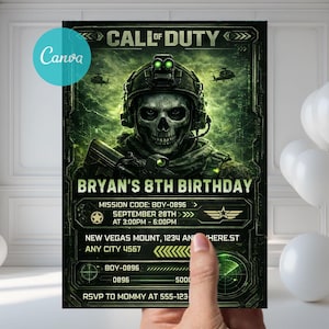 Puede incluir: Una invitación de cumpleaños con temática de Call of Duty con un soldado con rostro de calavera con casco, sobre un fondo verde y negro. La invitación incluye el texto "8º Cumpleaños de Bryan" y detalles del evento.