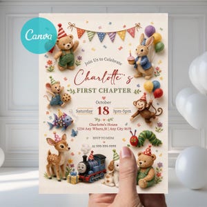 May include: A birthday invitation card featuring illustrations of a teddy bear, rabbit, mouse, fish, monkey, caterpillar, deer, puppy, and a blue train. The text reads Join Us to Celebrate Charlotte's FIRST CHAPTER, October 18, 3pm-5pm, Charlotte's House.