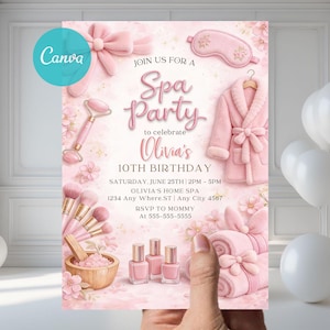 May include: A pink spa party invitation with the text "Spa Party" and "Olivia's 10th Birthday". The invitation includes illustrations of spa-related items like a robe, eye mask, and nail polish. The Canva logo is in the upper left corner.