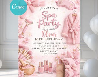 Spa Birthday Party Invitation Girl Pink Spa Birthday Invite Pink Pamper Party Pink Bow Invitation Birthday Glam Editable Canva Template SPB1