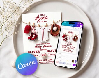 May include: A baby shower invitation card featuring a baseball theme with a red cap, red shoes, a white jersey, and a baseball glove hanging on a clothesline, with the text A LITTLE ROOKIE IS ON THE WAY, displayed on a smartphone screen.