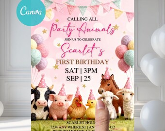 Farm Birthday Invitation, Farm Animals Birthday Invite, Ranch Kids Birthday Invitation, Barnyard Party Invitation, Editable Canva Template