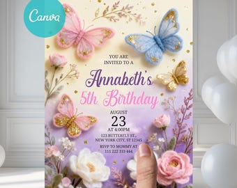 May include: A birthday invitation with a floral and butterfly theme. The invitation features the text "Annabeth's 5th Birthday" and details for the event. The design includes pink, gold, and blue butterflies, along with pink and white flowers.