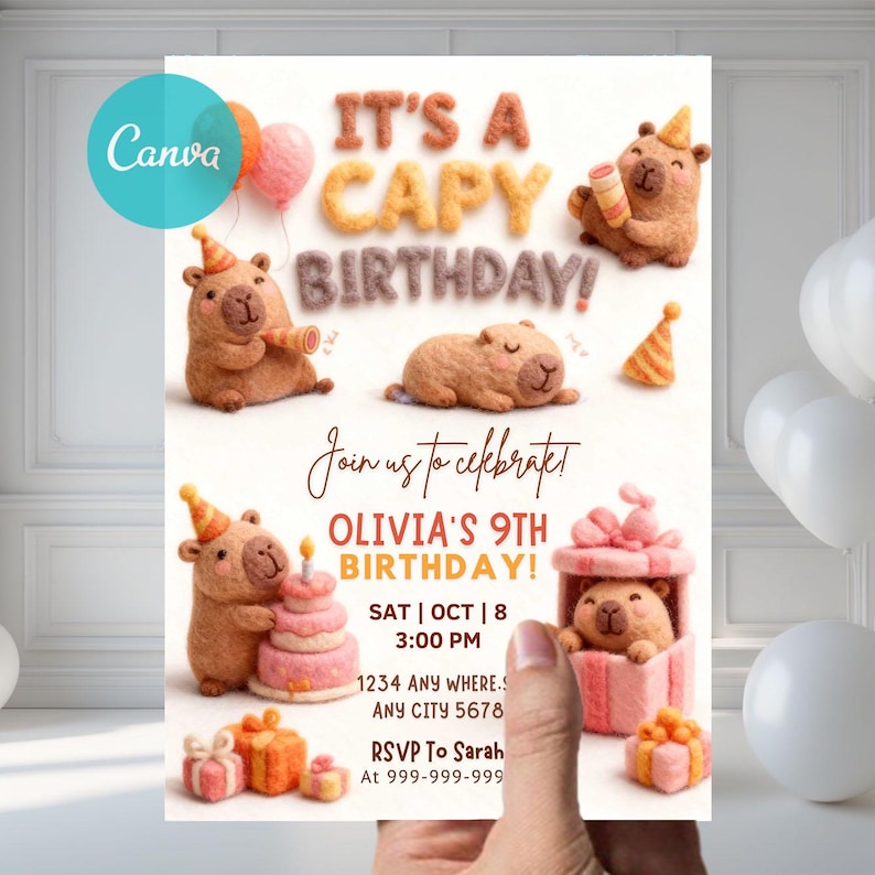 zoo animal birthday,cute animal invite,kids capy birthday,printable invitation,cute capybara card,its a capy birthday,editable template,canva template,cute capybara,funny invitation,capybara invite,capybara birthday,animal themed