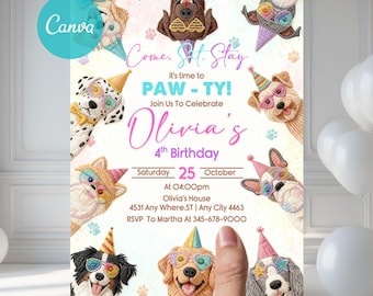 Editable Rainbow Girl Birthday Invitation, Calling All Party Animals Invite, Printable Dog Party Invite, Let’s Pawty, Instant Download  DB75