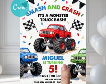 Invito di compleanno a tema Monster Truck, invito alla festa Boom Crash, invito alla festa con camion acquerellati, modello digitale modificabile Canva MTX2