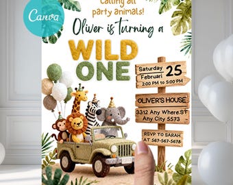 May include: A birthday invitation with a jungle theme. The text reads "Oliver is turning a WILD ONE." A toy jeep carries a monkey, lion, giraffe, zebra, and elephant. Balloons and tropical leaves decorate the invitation. The date and time are also included.