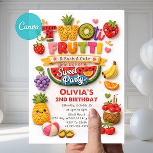 May include: A colorful invitation for a second birthday party with a fruit theme. The design features the words "Two-tti Frutti" and "Sweet Party" with illustrations of various fruits like watermelon, strawberries, and bananas. The invitation includes the party details.