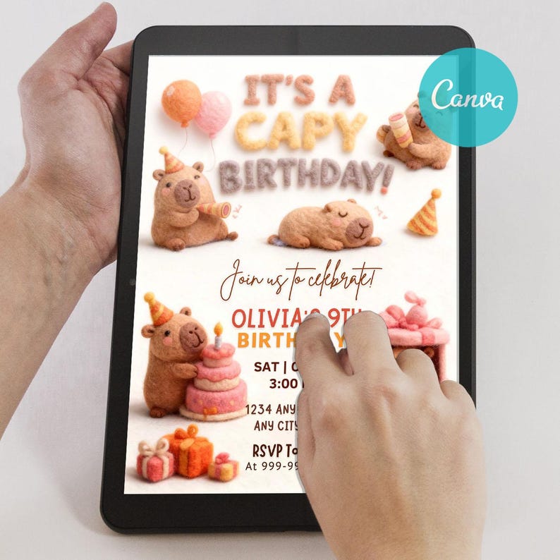 zoo animal birthday,cute animal invite,kids capy birthday,printable invitation,cute capybara card,its a capy birthday,editable template,canva template,cute capybara,funny invitation,capybara invite,capybara birthday,animal themed