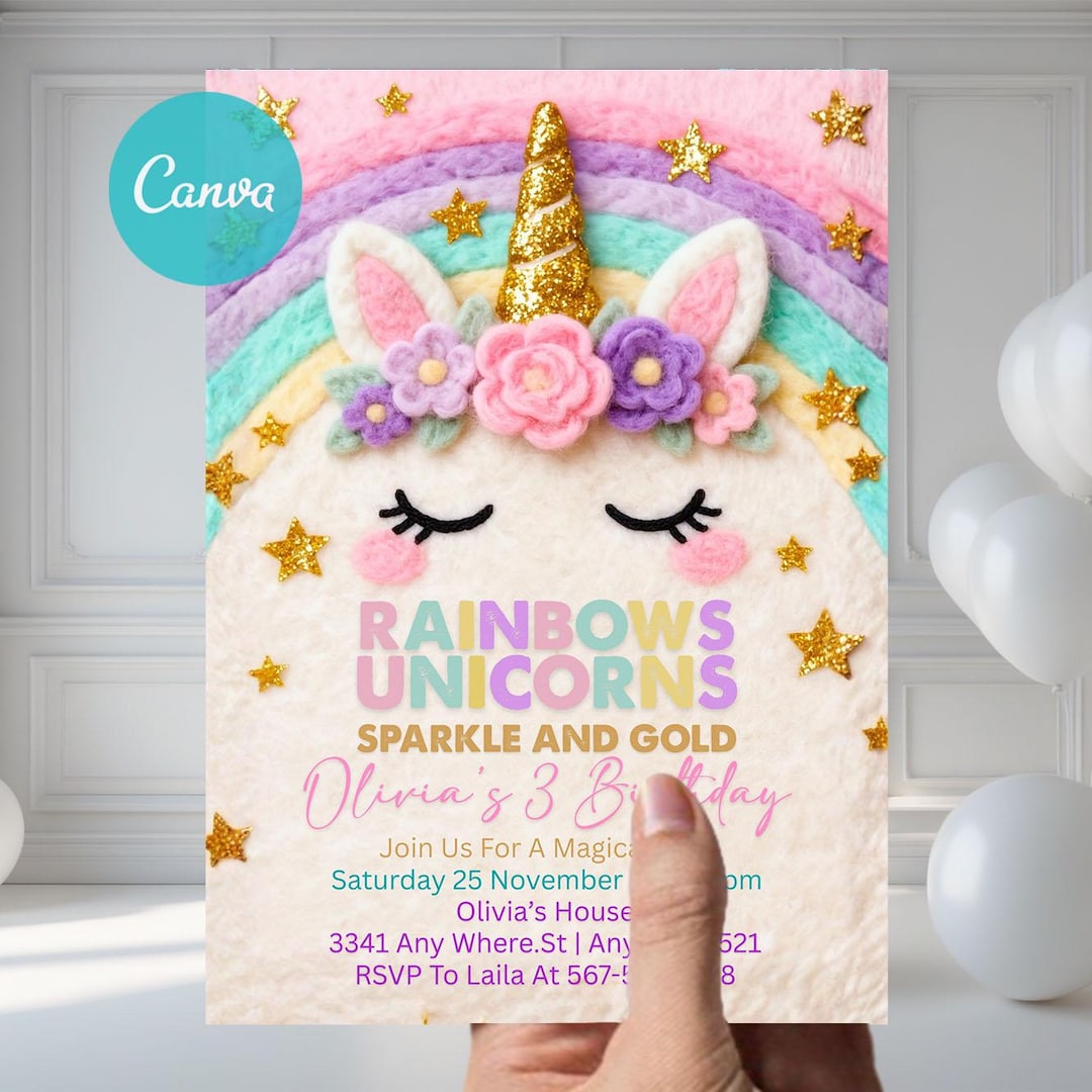 Unicorns Rainbows Sparkles and Gold Invite Editable Unicorn Rainbow ...