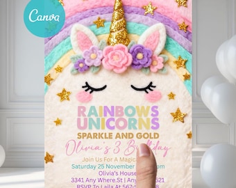 May include: A pastel-colored unicorn-themed invitation with the text "RAINBOWS UNICORNS SPARKLE AND GOLD" and "Olivia's 3 Bday". The design features a unicorn face with a gold horn, floral accents, and star embellishments. The invitation is held by a hand.