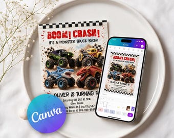May include: A printed invitation card and a smartphone displaying a digital design for a monster truck birthday party. The invitation features four monster trucks, checkered borders, and the text BOOM! CRASH! IT'S A MONSTER TRUCK BASH!