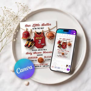 Puede incluir: Una tarjeta de invitación para baby shower con temática de baloncesto que muestra una gorra roja, zapatillas, una camiseta con el número 3 y una canasta de baloncesto colgados de un tendedero. Un smartphone muestra el diseño en Canva.