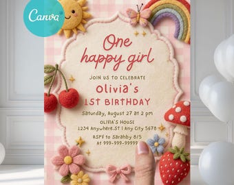 May include: A birthday invitation card with a pink gingham background featuring a central cream-colored scalloped plaque. The text reads One happy girl, Olivia's 1st birthday, August 27 at 2 pm, Olivia's House, 1234 Anywhere St, and RSVP info.