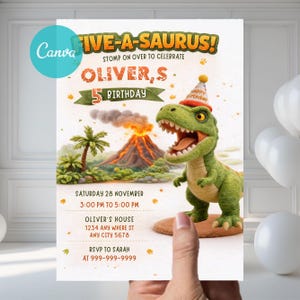 May include: A birthday invitation with a dinosaur theme. The invitation features a green dinosaur wearing a party hat, a volcano, and palm trees. The text reads "FIVE-A-SAURUS!" and includes the birthday details.