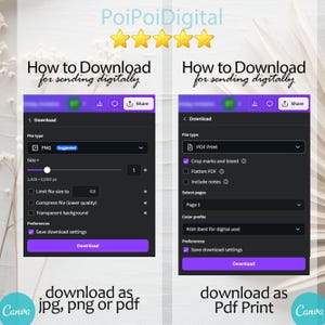 May include: A digital graphic showing two Canva download options. The left side shows a PNG download, and the right side shows a PDF Print download. Both options have a purple interface with white text and a download button.