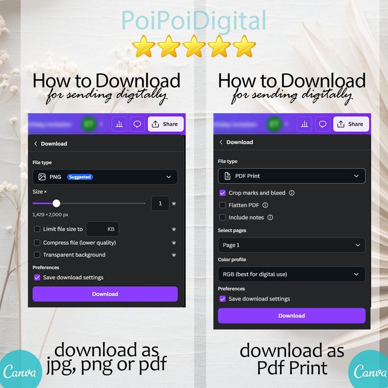 May include: A digital graphic showing two Canva download options. The left side shows a PNG download, and the right side shows a PDF Print download. Both options have a purple interface with white text and a download button.