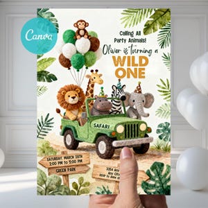 Wild One Birthday Invite, Safari First Birthday Invite, 1st Birthday Digital Invite, Jungle First Birthday Invite, Jungle Animals Party WO88
