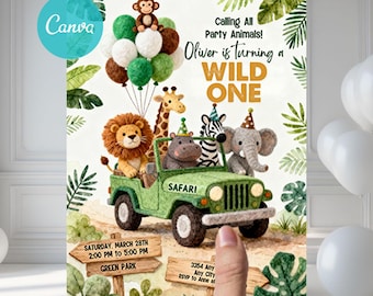 Wild One Birthday Invite, Safari First Birthday Invite, 1st Birthday Digital Invite, Jungle First Birthday Invite, Jungle Animals Party WO88