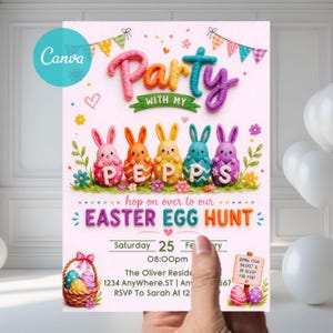 May include: A colorful Easter egg hunt invitation flyer featuring five pastel-colored bunnies sitting in decorated eggs spelling PEPPS. The text reads Party with my Pepps, hop on over to our Easter Egg Hunt, Saturday 25 February, 08:00pm, The Oliver Residence, 1234 AnyWhere.ST, RSVP To Sarah At 123-456-7890.