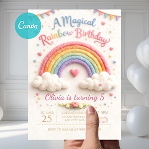 May include: A birthday invitation with a rainbow design. The invitation features a colorful rainbow, fluffy clouds, and the text "A Magical Rainbow Birthday." The text "Olivia is turning 5" is also included. The Canva logo is in the upper left corner.