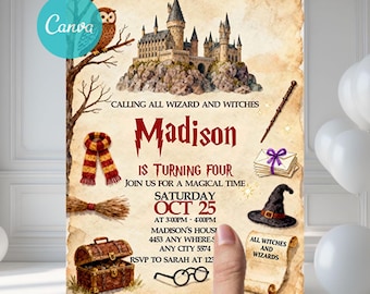 Wizards Witches Birthday Invitation, Magical School Wizardry Birthday Party Invitation, Editable Castle Invite Printable Canva Template WW51