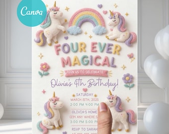 May include: A birthday invitation card featuring three white unicorns with pastel manes, a rainbow, flowers, and stars. The text reads: FOUR EVER MAGICAL, JOIN US TO CELEBRATE, Olivia's 4th Birthday, Saturday March 15th, 2025, 2:00 PM 4:00 PM, Olivia's Home, 1234 Any Where St, 3:00 PM 5:00 PM, RSVP to Sarah at 999-999-9999.