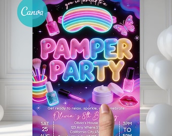 Pamper Party Birthday Invitation Neon Glow Pamper Spa Party Invitation Glitz and Glam Makeup Neon Glow Party Instant Download Editable Canva