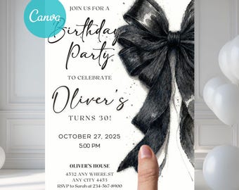 Coquette 13th Birthday Invitation, Black Bow Birthday Invitation, Trendy Girl, Black Ribbon Coquette,Digital Download, Editable Canva BBB1