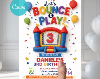 May include: A birthday invitation card featuring a colorful inflatable bounce house graphic with the number 3, surrounded by balloons and confetti. The text reads Let's BOUNCE & PLAY! TO CELEBRATE DANIELE'S 3RD BIRTHDAY, with event details for Oct 30.