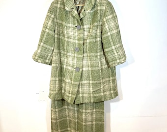 Vintage Bettijean Women's Mod 50s 60s 2 Piece Wool Skirt Jacket Set Green Plaid