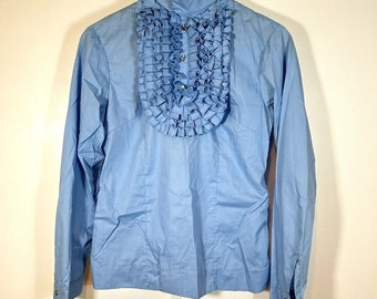 Vintage H Bar C Ranch Wear Women’s Mod Ruffle Front Shirt In Blue Size Small