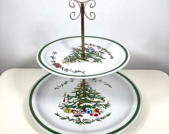 Vintage Montgomery Ward Holiday Christmas Tree Two Tiered Server Made In Japan