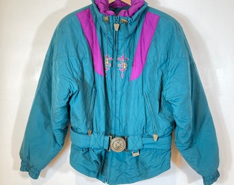 Cima Skiwear Vintage Retro Ladies Coat Teal Purple Insulated Belted Medium