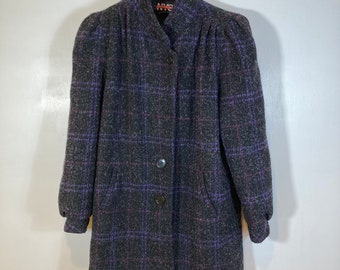 New York Girl Vintage 80s Plaid Wool Coat Size Small Gray/Purple Button Front