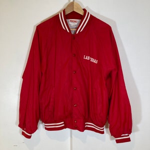 Vintage Hartwell Nylon Bomber Jacket Size XL Las Vegas Red White Snap Front