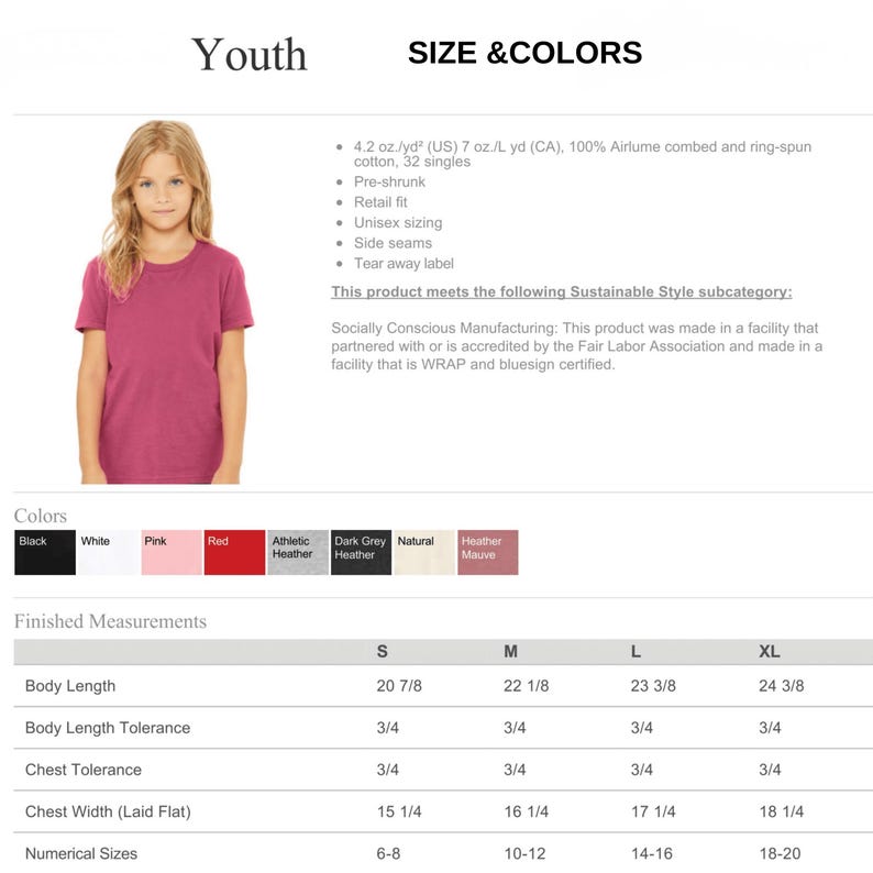 May include: A youth-sized, short-sleeved t-shirt in a vibrant pink color. The image includes a young person wearing the shirt, along with a color chart and size information. The shirt is made of 100% Airlume combed and ring-spun cotton.