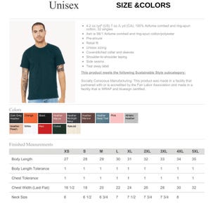 May include: A teal unisex t-shirt with a crew neck, short sleeves, and a retail fit. The image includes a color chart with options like black, white, and red. The shirt is made of 100% Airlume combed cotton. Measurements are provided in inches.