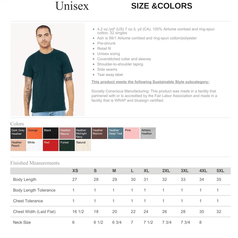 May include: A teal unisex t-shirt with a crew neck, short sleeves, and a retail fit. The image includes a color chart with options like black, white, and red. The shirt is made of 100% Airlume combed cotton. Measurements are provided in inches.